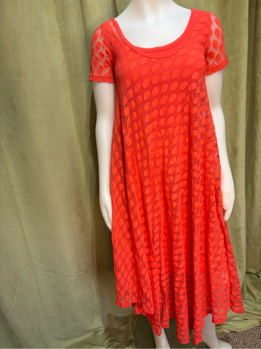 Textured Orange Short-Sleeve Midi Swing Dress